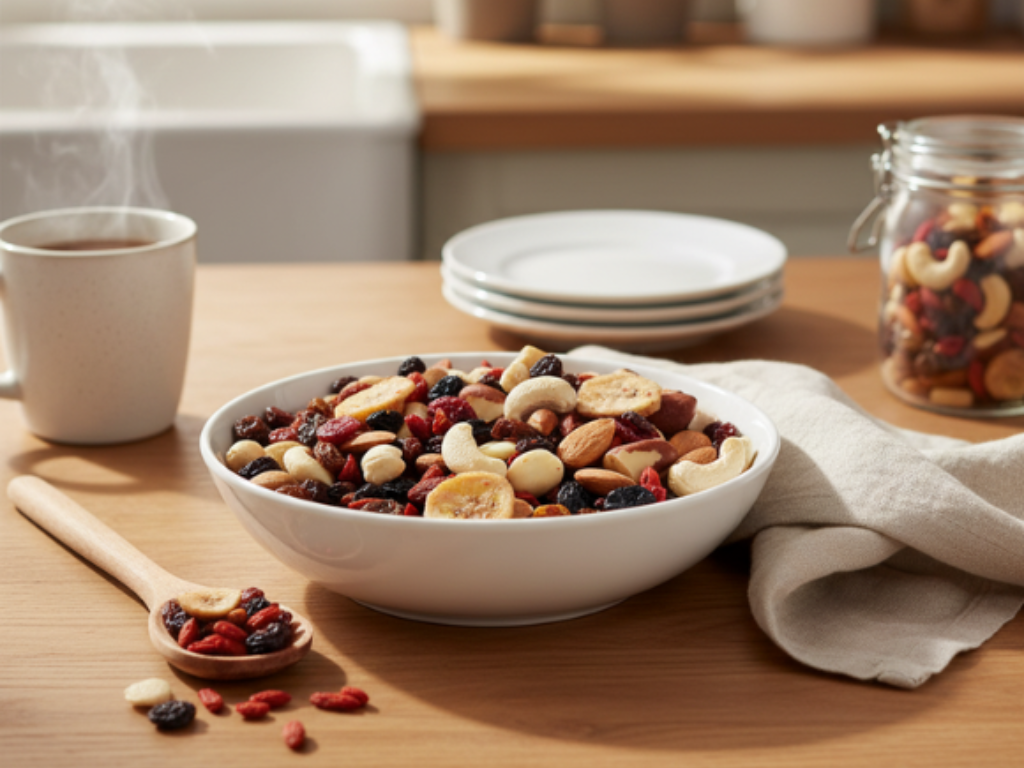 Frühstücksbowl mit Bio Nuss-, Frucht- und Saatenmix